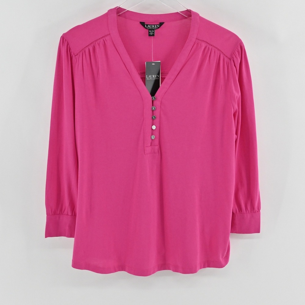 Lauren Ralph Lauren Henley Blouse Womens Size XL Pink Cotton 3/4 Sleeve Top LRL